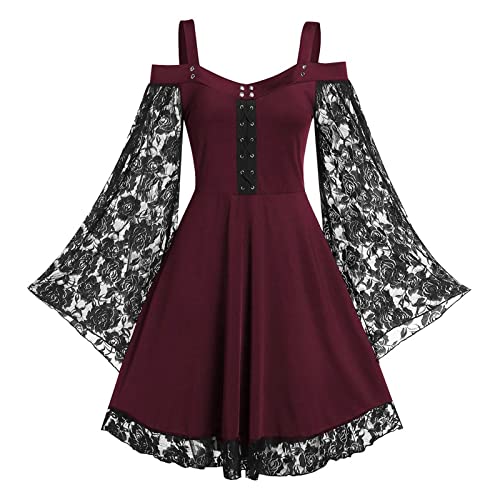 Ni_ka Robe De SoiréE Grande Taille Sexy Robes Nuisette en Dentelle à Manches éVaséEs DéNudéEs Vintage Dress Femmes FêTe d'halloween Noir Vert Du Vin XXL