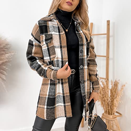 Wshemv Coat Women, Women's Coats Blue Puffer Vest Coats Winter Women's Long Sleeve Single Breasted Plaid Print Shirt Collar Woolen Jacket Outwear Vest Clothes Woman Spring Linkiom Red (L, Khaki) #TOP5