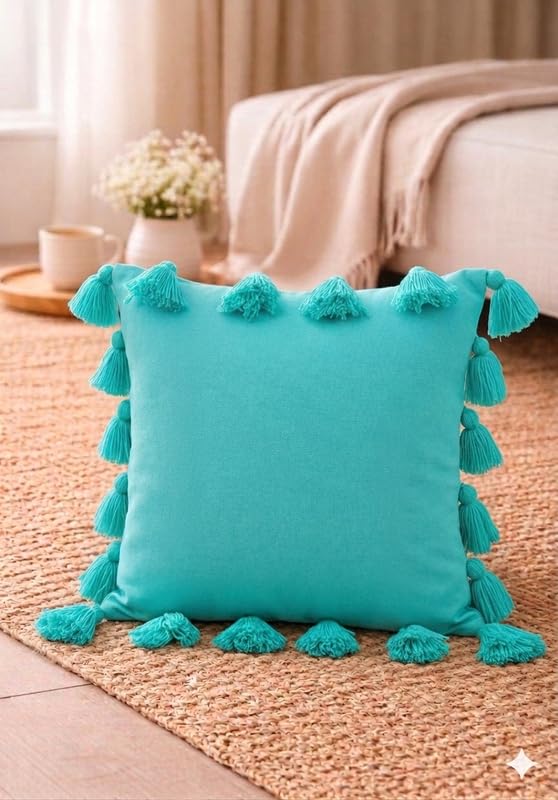 Image of WWW.THROWPILLOW.IN Caribbean Blue Green Big FullerTassels Trim Throw Pillow Cover, Solid Decorative Coastal Chic Accent Pillow for Sofa, Bed, Dorm Room Decor Square Sofa Cushion 12x12 Inches