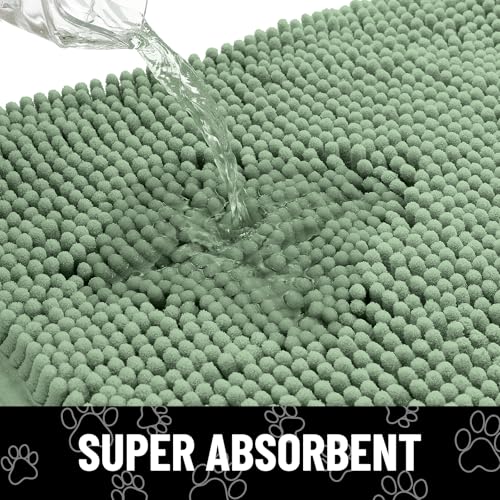 Image of Smiry Dog Door Mat for Muddy Paws, Absorbent Dirt Trapper Non Slip Quick Dry Washable Chenille Mat for Mud Dogs, Entry Rug for Indoor and Outdoor (48x30 Inches, Olive Green and White)