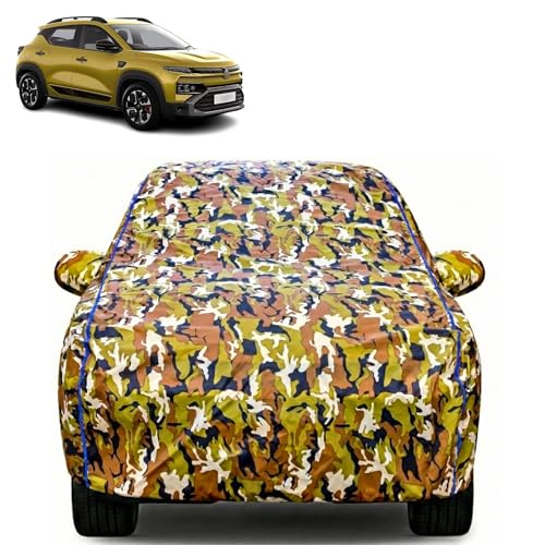 Image of Waterproof Car Body Cover for Renault Kiger with Mirror Pocket| Cotton Inner Lining | Triple Stitched | All Weather Protection | Dust, UV & Rain Proof (Camouflage with Blue Piping)