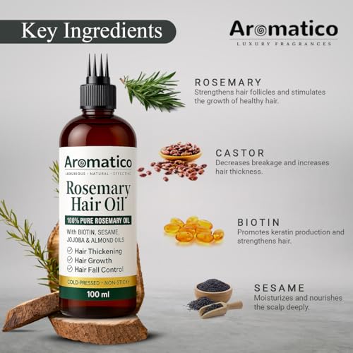 Image of AROMATICO Rosemary Hair Oil for Hair Growth & Hair Fall Control - Rosemary Oil for Hair Thickening & Scalp Health | Sesame, Jojoba & Almond | Starter Size | 100ml