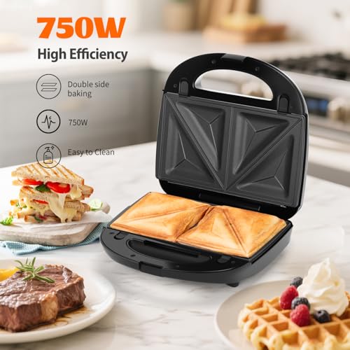 Aigostar Sandwich Maker Panini Press Grill, 3 in 1 Waffle Maker with Removable Non-stick Plates, Electric Grilled Cheese Maker, Portable Cool Touch Handle, Led Indicator Lights & Easy to Clean, 750W