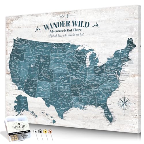 Image of IPIC - Antique Blue USA Travel Map, Pin Board Canvas Wall Art, Travel Map with Pins Included, Ready to Hang for Home or Office, 30x24 Inch