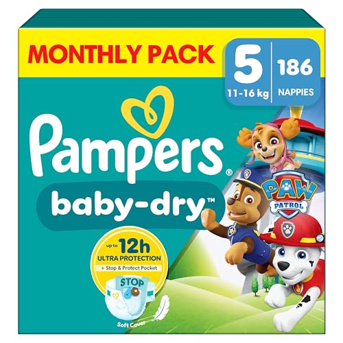 Pampers Baby-Dry Paw Patrol Edition Size 5 186 Nappies 11kg-16kg Monthly Pack Up to a 100% Leak-Free & Comfortable Night