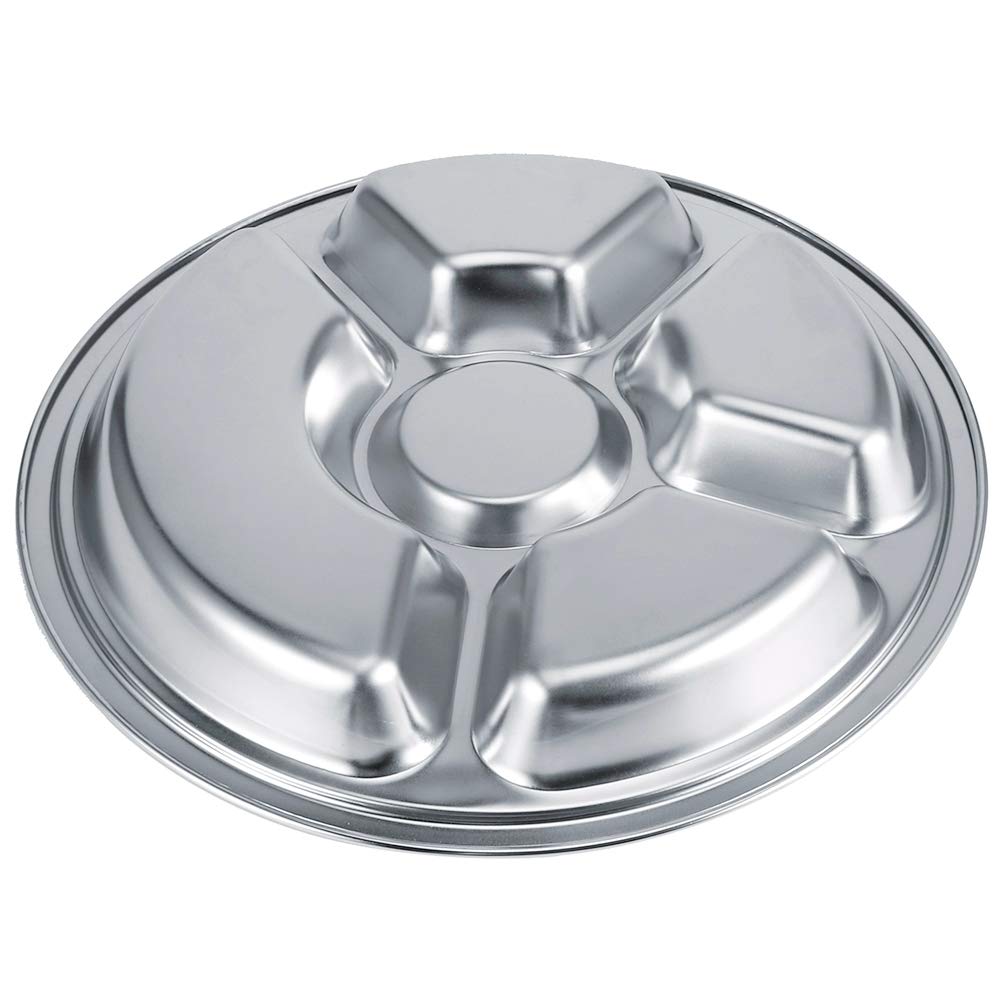 5 Pièces Assiettes Divisées épaissir 304 Assiette à Dîner En Acier Inoxydable Portion Ronde Assiette De Contrôle Vaisselle Pour le Déjeuner, Camping(5-Section)