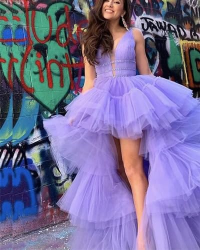 Xijun Women's High-Low V Neck Tulle Prom Dresses Long Layered Puffy Formal Evening Party Gowns with Train2