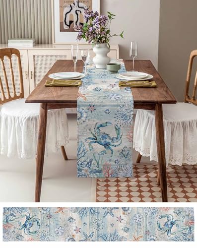 Coastal Crab Table Runner 70 Inches Long Farmhouse Dress Scarves, Nautical Summer Beach Starfish Coral Vintage Dining Tablerunner for Coffee Table/Kitchen Island/Party Décor, 13" x 70"3