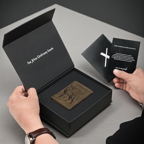 Image of The X Project Staggo Trifold Wallet | Genuine Leather | Aluminium Cardholder | Side Slide Pop-Up Card Ejector | Carry Up to 6 Cards and 1 Slot for Carrying Cash & Folded Bills (Greenish Brown)