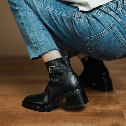 Women's Leather Vintage Block Heel Ankle Boots Comfort Square Toe Side Zipper Chunky Heel Booties for Office Dating 7