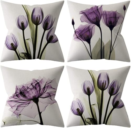 Khazna Throw Pillow Covers Set of 4 Purple Flower Cushion Covers 18x18 inch Boho Linen Square Throw Pillow Cover for Living Room Sofa Couch Bed...