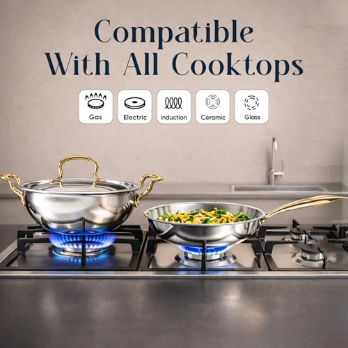 Image of SOLARA MontClaire Premium Triply Stainless Steel Cookware Set of 2, Fry Pan 22cm(1.7L) + Kadai for Cooking 22cm(2.3L) with Golden Handles and Steel Lid, Induction Friendly, 100% Toxin & Chemical Free