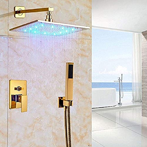 Cascada Luxury Bathroom Shower Set Rainfall LED Shower Head, Double-Function Valve, and Brass Handheld Shower (12", Gold)