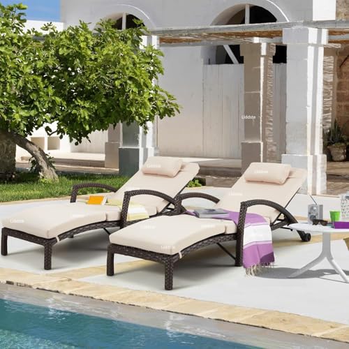 Image of Outdoor Poolside Lounger with Adjustable Backrest Sun Chaise Recliner for Terrace Garden Poolside for Relaxation Durable and Stylish- Set of 2 (Brown & Cream)