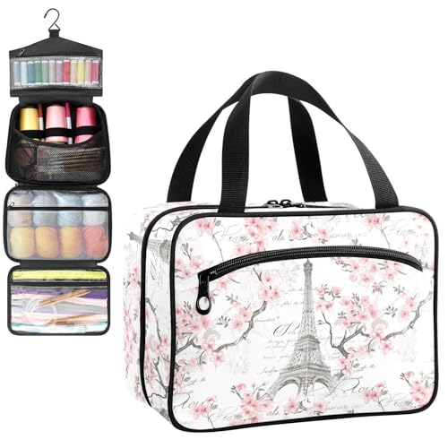 YNNALE Sewing Supply Organizer Bag, Eiffel Tower Floral Pink and White Portable Sewing Bags with Pockets&Hanger, Sewing Storage Box Case for Sew Supplies/Kit/Tools/Accessories (BAG ONLY)