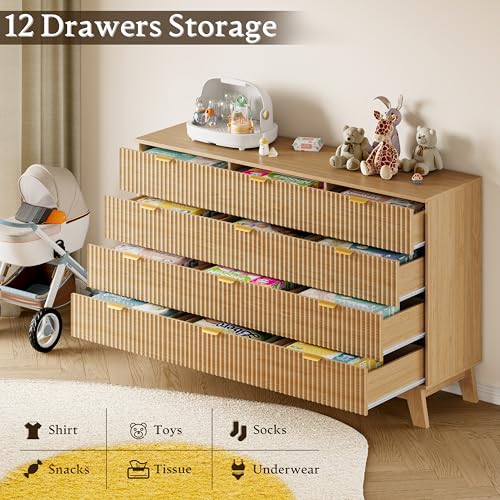 Image of BORNOON 57 inch Wide Dresser for Bedroom, 12-Drawer Fluted Dresser with Metal Handles, Wood Chest of Drawers with Smooth Slides and Stable Base, Modern Storage Cabinet for Living Room, Nursery
