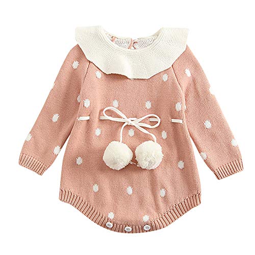 Leegor Baby Baby Girls Sweater Romper Winter,Infant Newborn Baby Girl Dot Knit Bodysuit Crochet Clothes Outfits, Pink, 3-6 Months