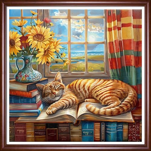 Image of DMCVIVR Stamped Cross Stitch Kits for Beginners Adults Needlepoint Kits for Beginners Embroidery Kits for Adults Crossstitch Kit for Beginners 11CT-Window sill cat Flowers 18x18 inch