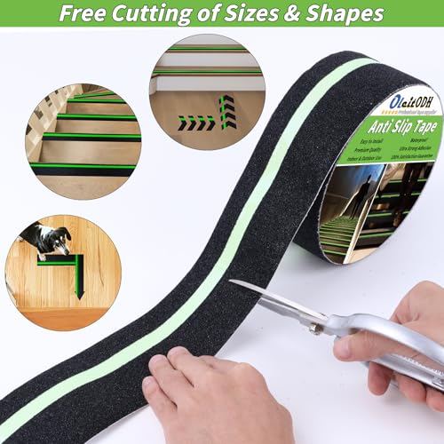 Image of Anti Slip Traction Tape with Glow in Dark Green Stripe, 4In x 60ft High Traction Friction Non Skid Stairs Treads, Waterproof Anti Slip Tape, Abrasive for Steps, Ramp, Skateboard, Outdoor Indoor