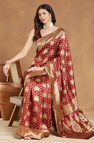 Image of Janasya Women's Maroon Silk Blend Ethnic Motifs Woven Design Jacquard Saree with Blouse Piece
