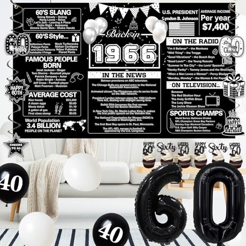 Image of Crenics Black 1966 60th Birthday Decorations for Men Women | Back in 1966 Backdrop, Banner, Paper Pom Poms, Hanging Swirls, Cake Topper and Balloons for 60 Birthday Party Supplies