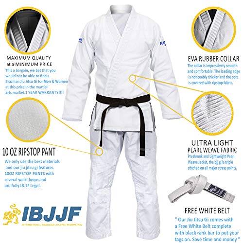 Brazilian Jiu Jitsu Gi BJJ Gi for Men & Women Uniform Kimonos Ultra Light, Preshrunk, Free White Belt!!! (White, A4)