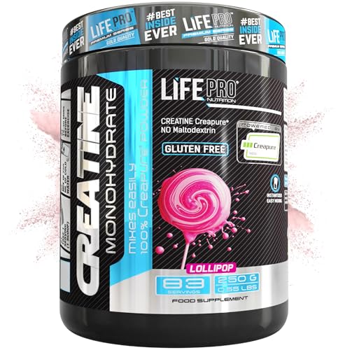 Creatina Monohidratada Creapure Life Pro – Creatina Micronizada Pura, Hasta 83 Tomas – Sin Gluten, Para Fuerza, Energía y Recuperación Muscular – Calidad Alemana (250g, Lollipop)