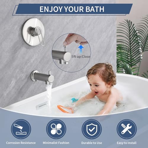 Kit de grifería para ducha con mezclador y salida para bañera, acabado níquel cepillado, montaje en pared, mango único, conexión roscada NPT 1/2 pulgada miniatura 2