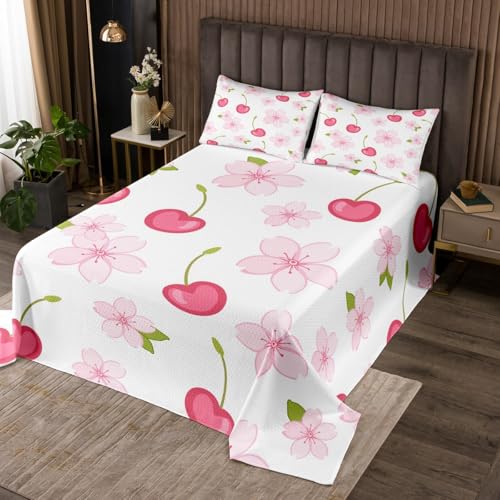 jejeloiu Kids Cherry Coverlet Set Queen Size, Pink Cherry Bedspread Kawaii Floral Quilted Coverlet for Boys Girls Girls Princess Quilted 3Pcs