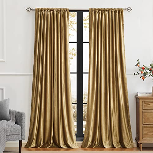 Image of PRIMROSE Golden Velvet Curtains 102 inch Long for Living Room,Set of 2 Panels Blackout Rod Pocket Back Tab Window Treatment Room Darkening Heavy Decorative Curtains Drapes for Bedroom