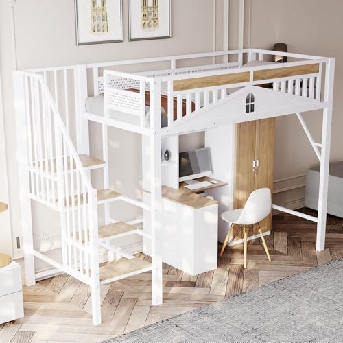 Seyakany Lit Mezzanine escalier en métal 90 x 200 cm,lit Mezzanine 1 Place Enfant avec Barriere,lit...