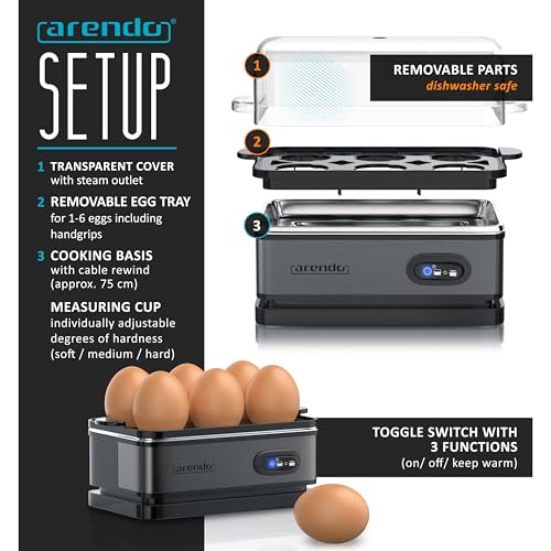 Arendo - Electric Egg Boiler - Automatic Cooker With Warming Function - 6 Egg Capacity - Indication Light - For Perfect Soft And Hard Eggs - Water Measuring Cup And Egg Piercer - Stainless Steel - 2