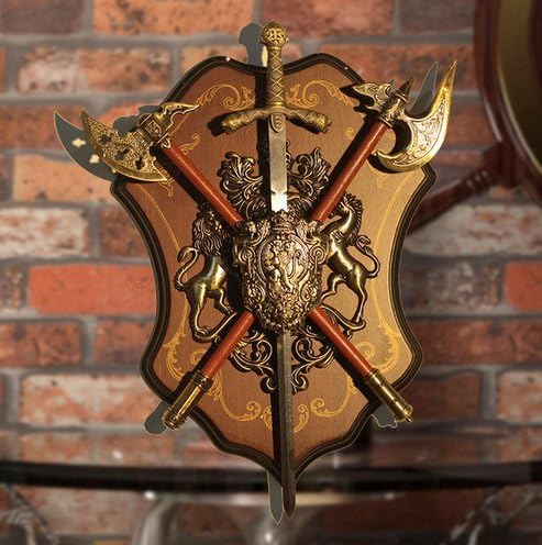 Powzz ornament Ancient Roman Sparta Shield Sword Wall Decor Antique Shield With Armor Medieval Axe Lion Ornament Crafts Ktv Bar Wall Hanging