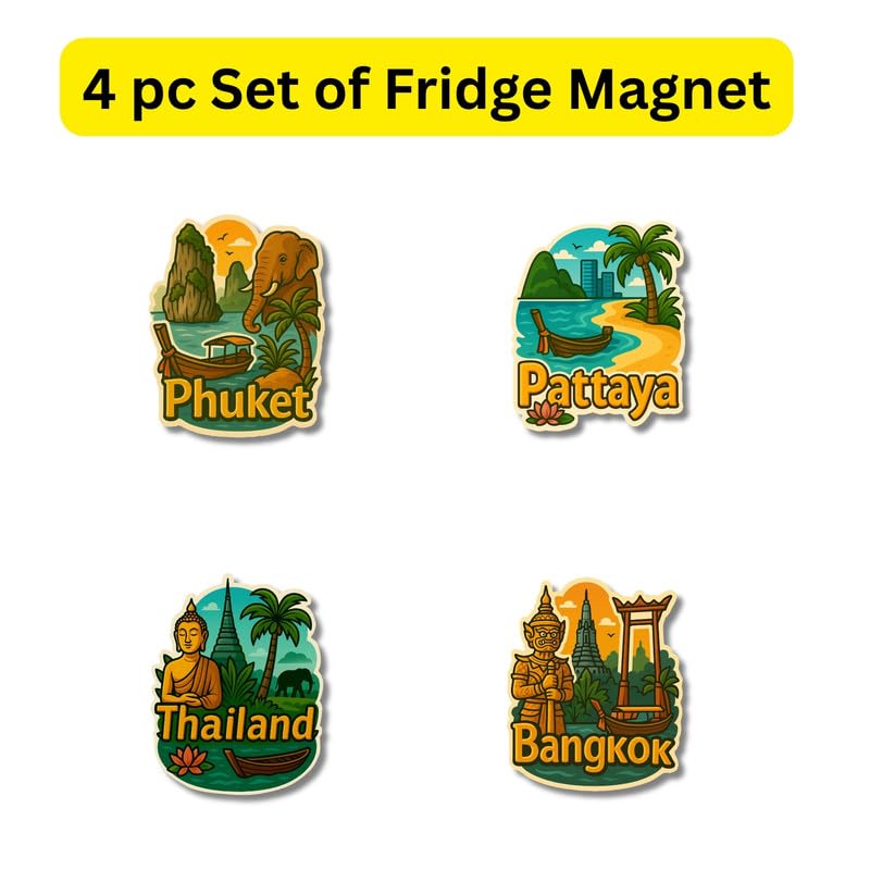 Regalo Casila Thailand Fridge Magnet Set 4 Piece Souvenir Gift for Tourists Bangkok Phuket Pattaya Fridge Magnet for Kitchen Office Travel Keepsake Home Decor 1
