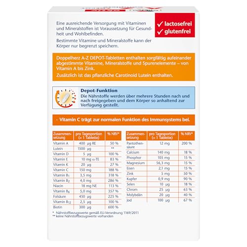 Doppelherz A-Z Complete - Langzeit-Vitamine - 23 Vitamine, Mineralstoffe & Spurenelementen PLUS Lutein - 120 DEPOT-Tabletten