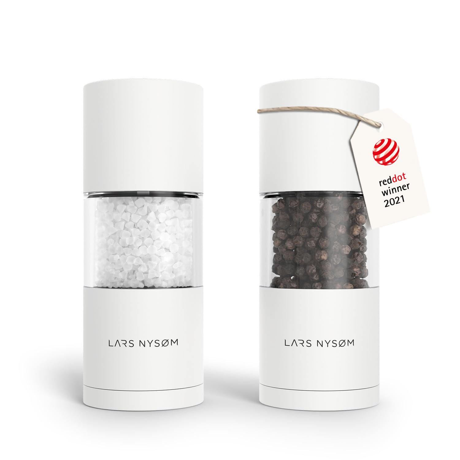 LARS NYSØM Salt and Pepper Grinder Set I Salt and Pepper Mills with Adjustable Ceramic Grinder 2 pieces I Manual Design Spice Mill Set (Pure White)