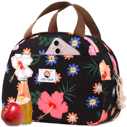CaCTOUR Lunch Box Lunch Bag for Women Girls Teens, Cute Lunch Box Cooler Bag, Portable Small Insulated LunchBox Reusable Corduroy Lunch Tote for Work/Travel/Picnic/School (Flower)