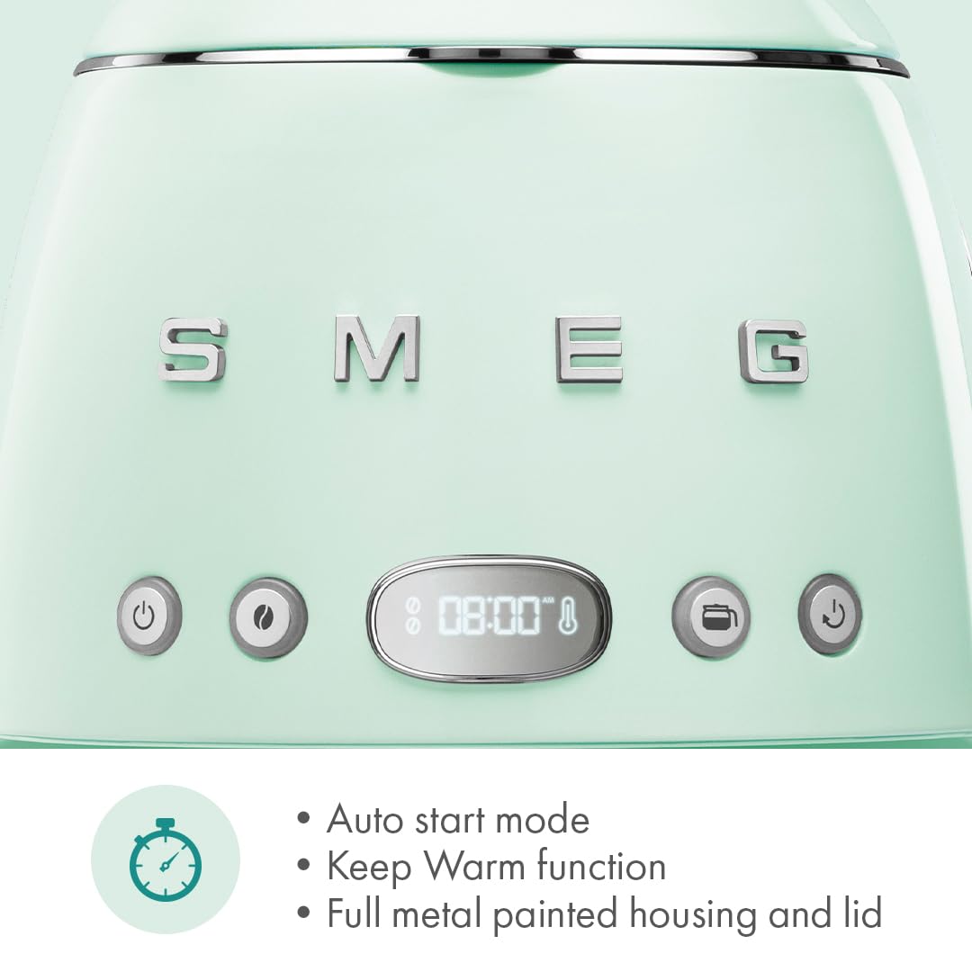 Smeg 50's Retro Style Aesthetic Drip Coffee Machine with 10 Cup Glass Carafe, Auto Start Feature, Keep Warm Plate, and Two Coffee Strength Settings (Cream): 10 Cup Pastel Green