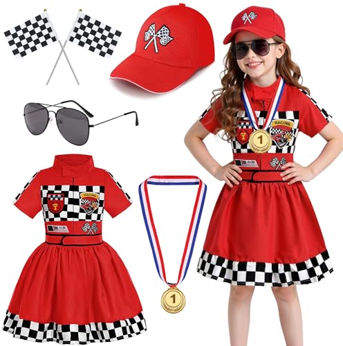 Dormstop Girls Race Car Driver Costume Racing Suit Racer Dress (Red, 5-6 Years)