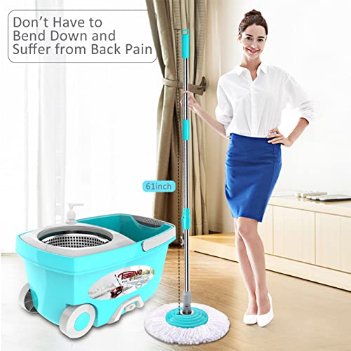 Tsmine Spin Mop Bucket System Stainless Steel Deluxe 360 Spinning Mop Bucket Floor Cleaning System With 6 Microfiber Replacement Head Refills,61"Extended Handle, 2X Wheel For Home Cleaning - Mint #TOP2