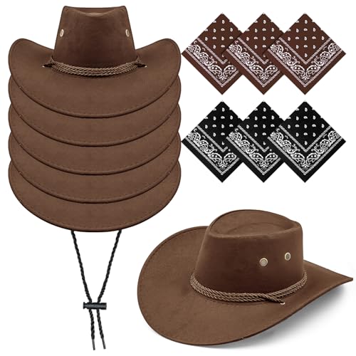 Image of 12Pcs Cowboy Hats and Bandanas,Western Cowboy Hats Bulk,Wide Brim Cowgirl Hats Costume Party for Men Women
