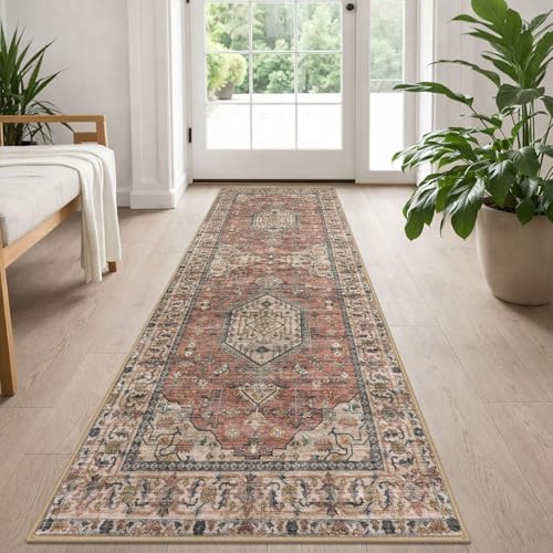KUTA Vintage Washable Runner Rug, 2x5 Runners Non-Slip Terracotta 5ft Hallway Kitchen Rugs Ultra Soft Printed Tribal Farmhouse Carpet for Bedroom Entryway Decor