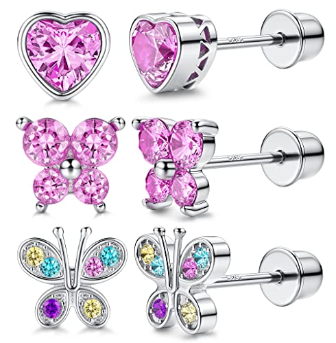 Milacolato 925 Sterling Silver Stud Earrings for Girls Women 14K Gold Plated Hypoallergenic Screw Back Earrings Cubic Zirconia Heart Butterfly Stud Earrings Set for Toddlers Teen Girls Over 3 Years Old
