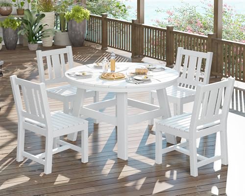 AMERLIFE 5 Piece HDPE Outdoor Dining Table & Chairs Set, All-Weather Patio Furniture with Umbrella Hole for Garden, Backyard, Seaside, White