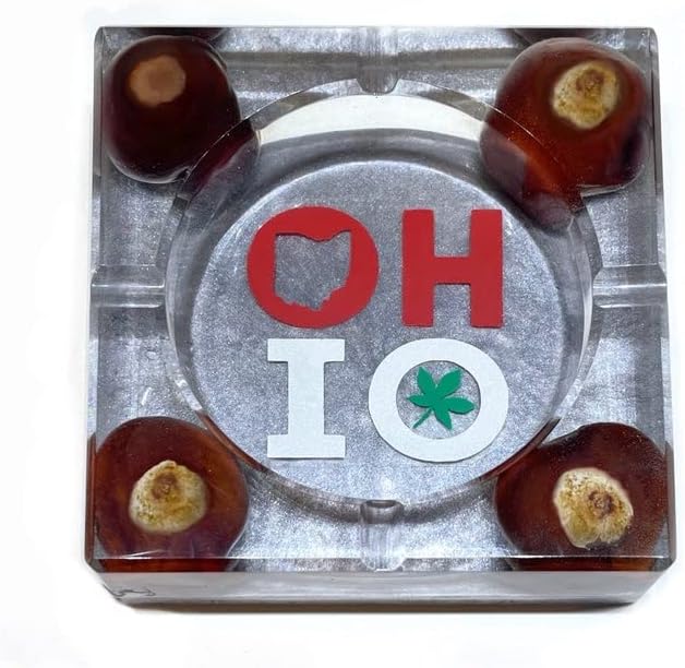 State of OHIO Buckeye Ashtray, Game Day Party Decor, Football Party Smoking Gift, College Team, Ohio Native Gift, Scarlet and Gray, Cigar Tray (Large - Letter O with Leaf)