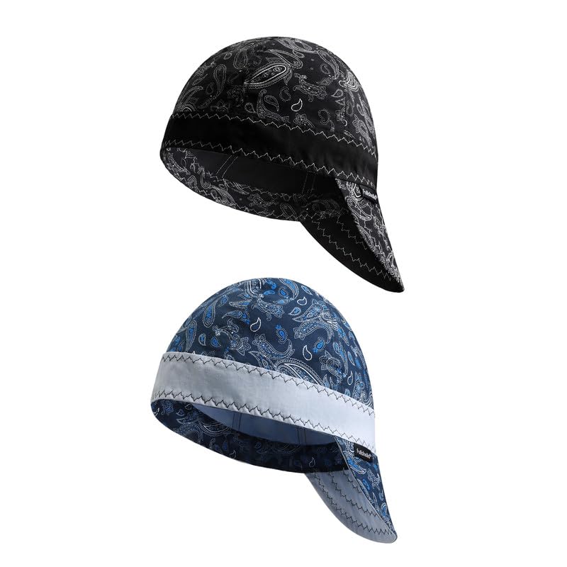 Fullsheild Reversible Welding Cap Flame Resistant CAT 2 Protective FR Welder Hats 6 Pannel Lightweight Printed for Men Women Paisley Black & Blue-2pcs 7 1/2