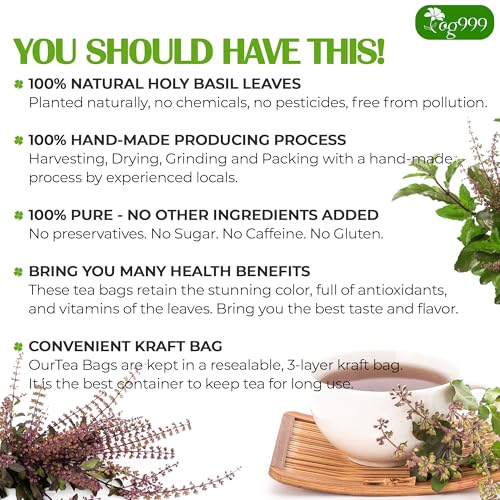 Image of TOG999, Premium 120 Holy Basil Leaf Tea Bags, 100% Natural & Pure Holy Basil Leaves. Loose Leaf Holy Basil Herbal Tea. Holy Basil Leaf Tea. No Sugar, No Caffeine, No Gluten, Vegan.