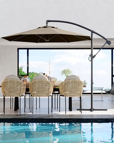 Cantilever Umbrella with Cross Base, 10FT Shade for 2-6 People, Outdoor Offset Design with Infinite Tilt and Crank Lift, Fade-Resistant Cross Base Canopy for Deck Pool Garden Backyard,Tan