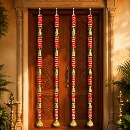 Image of Rajasthan Kraft Artificial Door Hanging, 44 Inch, Pack of 4, Multicolor Floral Latkan with Golden Tassels for Home Entrance, Festive Decoration, Ganesh Chaturthi, Navratri, Dussehra & Diwali Decor