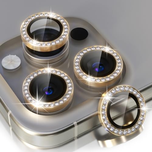 Image of Choiche Compatible for iPhone 15 Pro /iPhone 15 Pro Max Camera Lens Protector Bling, 9H Tempered Glass Camera Cover Screen Protector Metal Ring Decoration Accessories (Diamond-Gold)